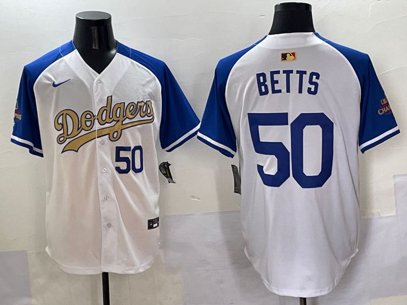 Men Los Angeles Dodgers 50 Betts White Blue Champion gold character Nike 2025 MLB Jersey style 5053